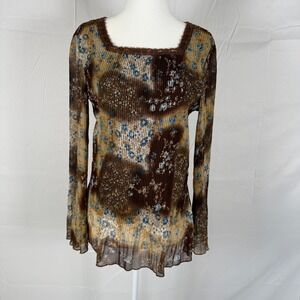 Fairycore Sheer Brown Floral Plisse Pleated Square Neck Lace Trim Top Medium